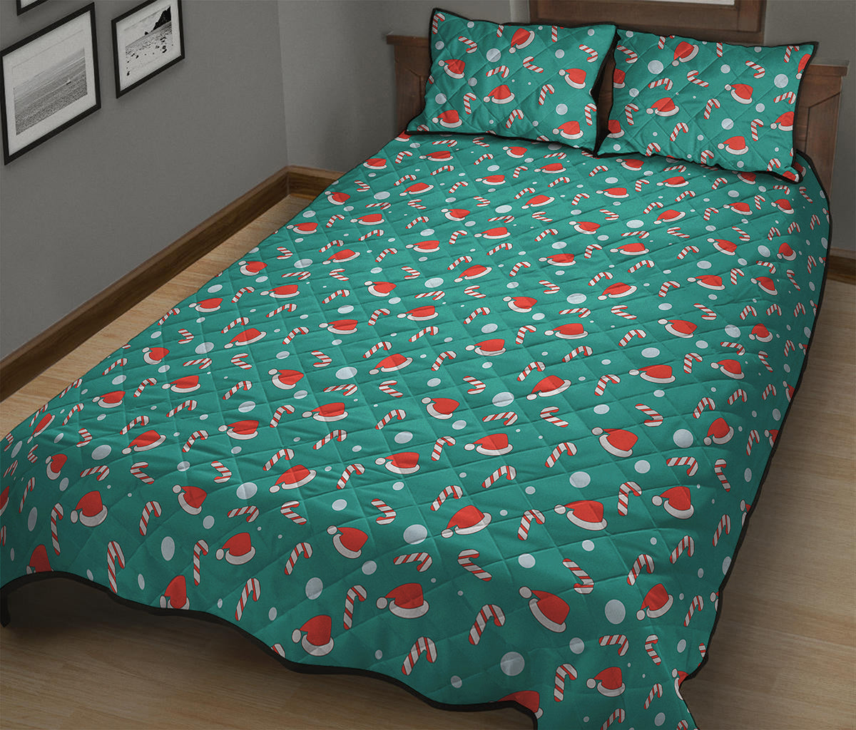 Candy And Santa Claus Hat Pattern Print Quilt Bed Set