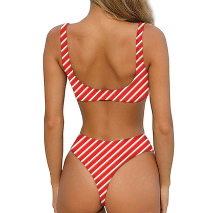 Candy Cane Stripe Pattern Print Front Bow Tie Bikini