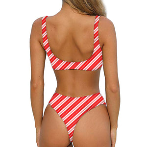 Candy Cane Stripes Pattern Print Front Bow Tie Bikini