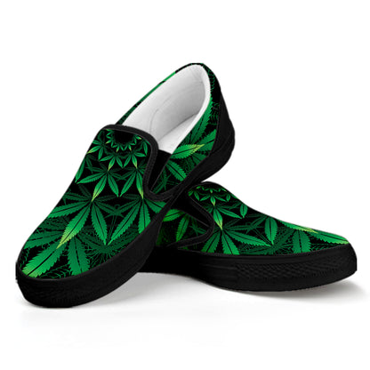 Cannabis Leaf Mandala Print Black Slip On Shoes