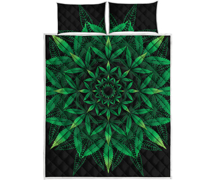 Cannabis Leaf Mandala Print Quilt Bed Set
