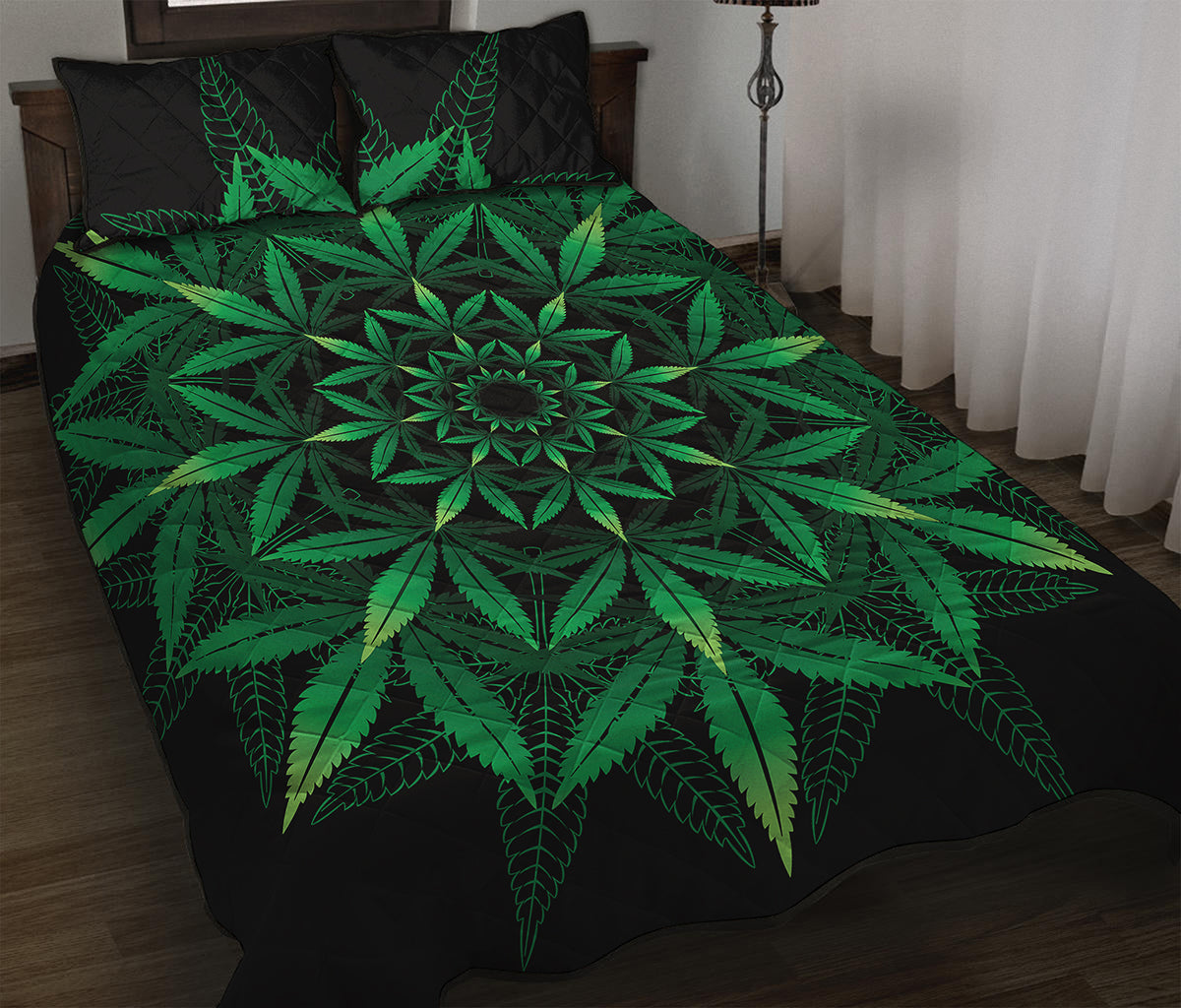 Cannabis Leaf Mandala Print Quilt Bed Set