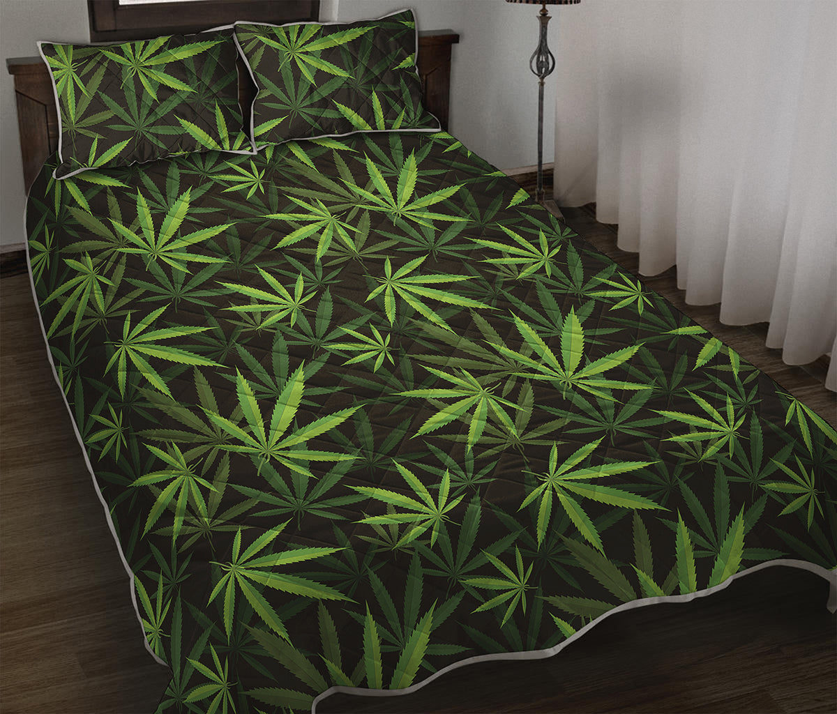 Cannabis Leaves Pattern Print Quilt Bed Set