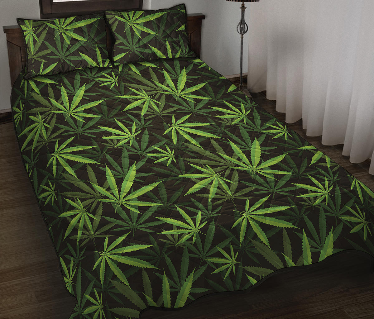 Cannabis Leaves Pattern Print Quilt Bed Set