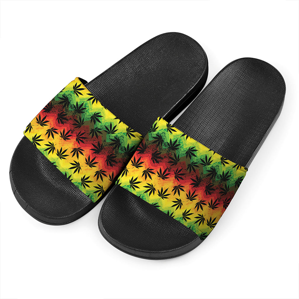 Cannabis Rasta Pattern Print Black Slide Sandals