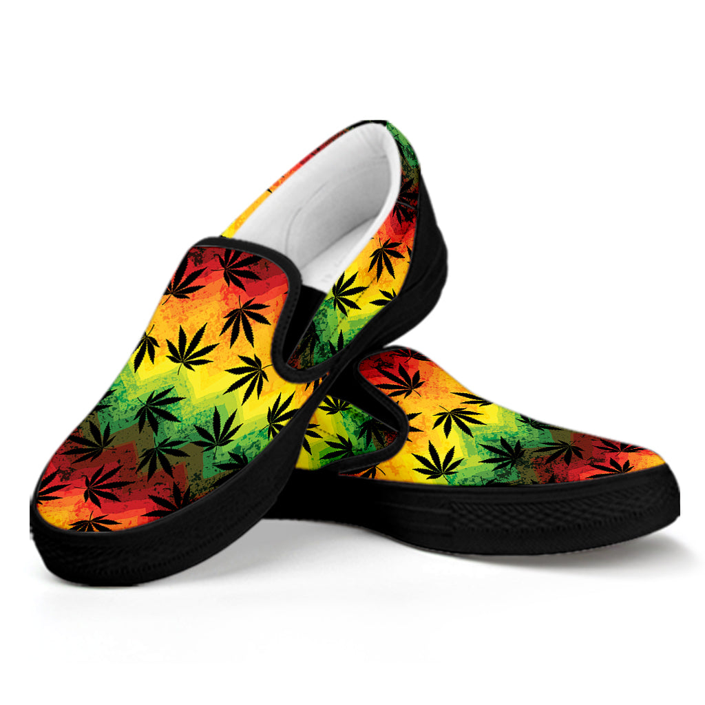 Cannabis Rasta Pattern Print Black Slip On Shoes