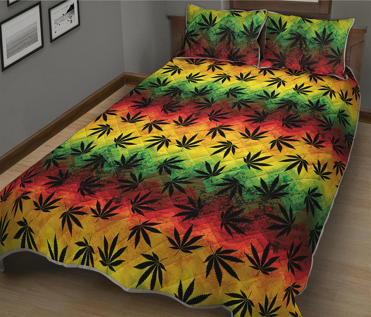 Cannabis Rasta Pattern Print Quilt Bed Set