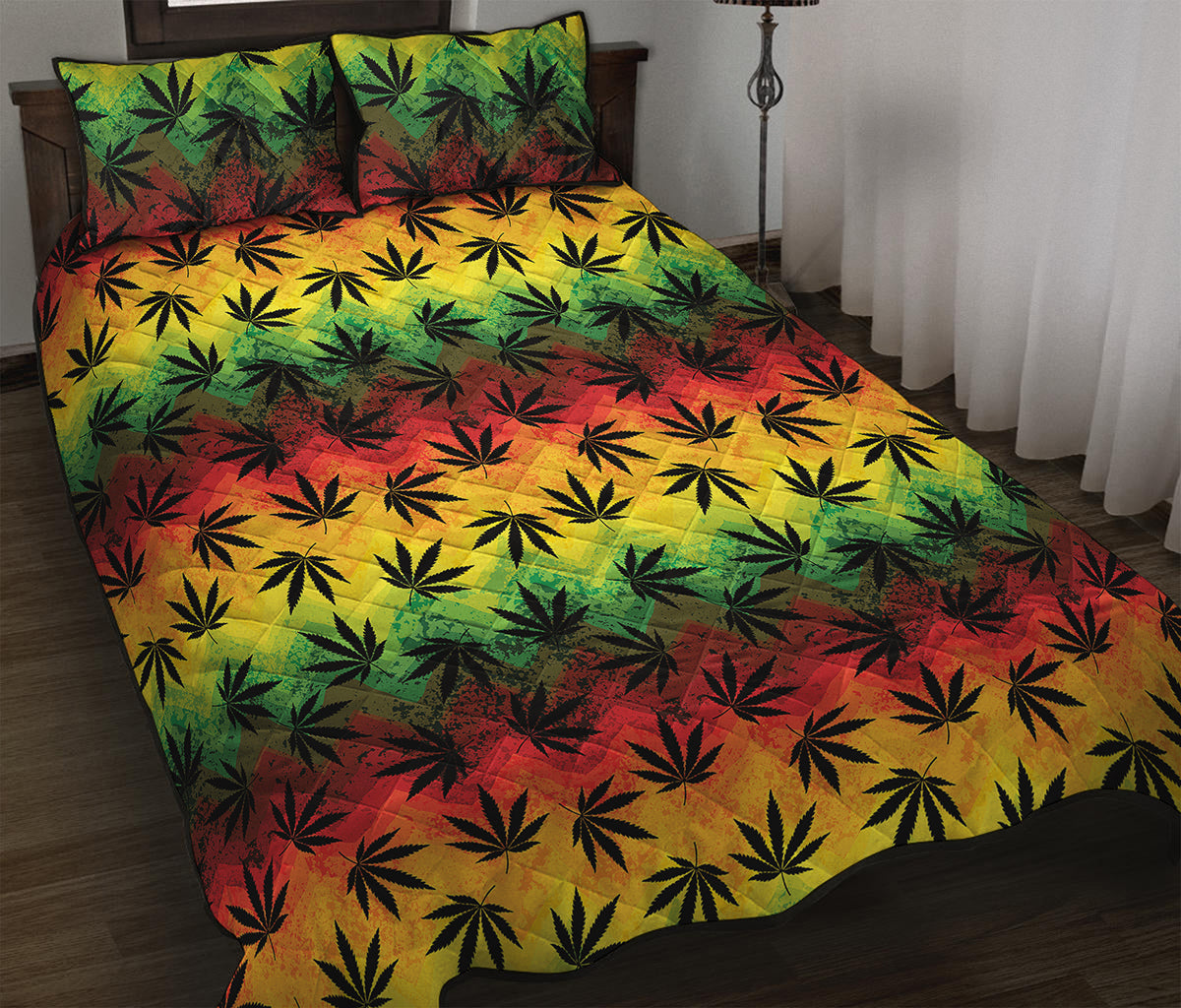 Cannabis Rasta Pattern Print Quilt Bed Set