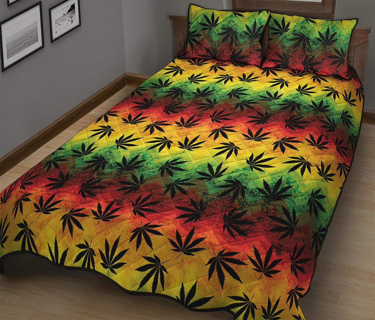 Cannabis Rasta Pattern Print Quilt Bed Set