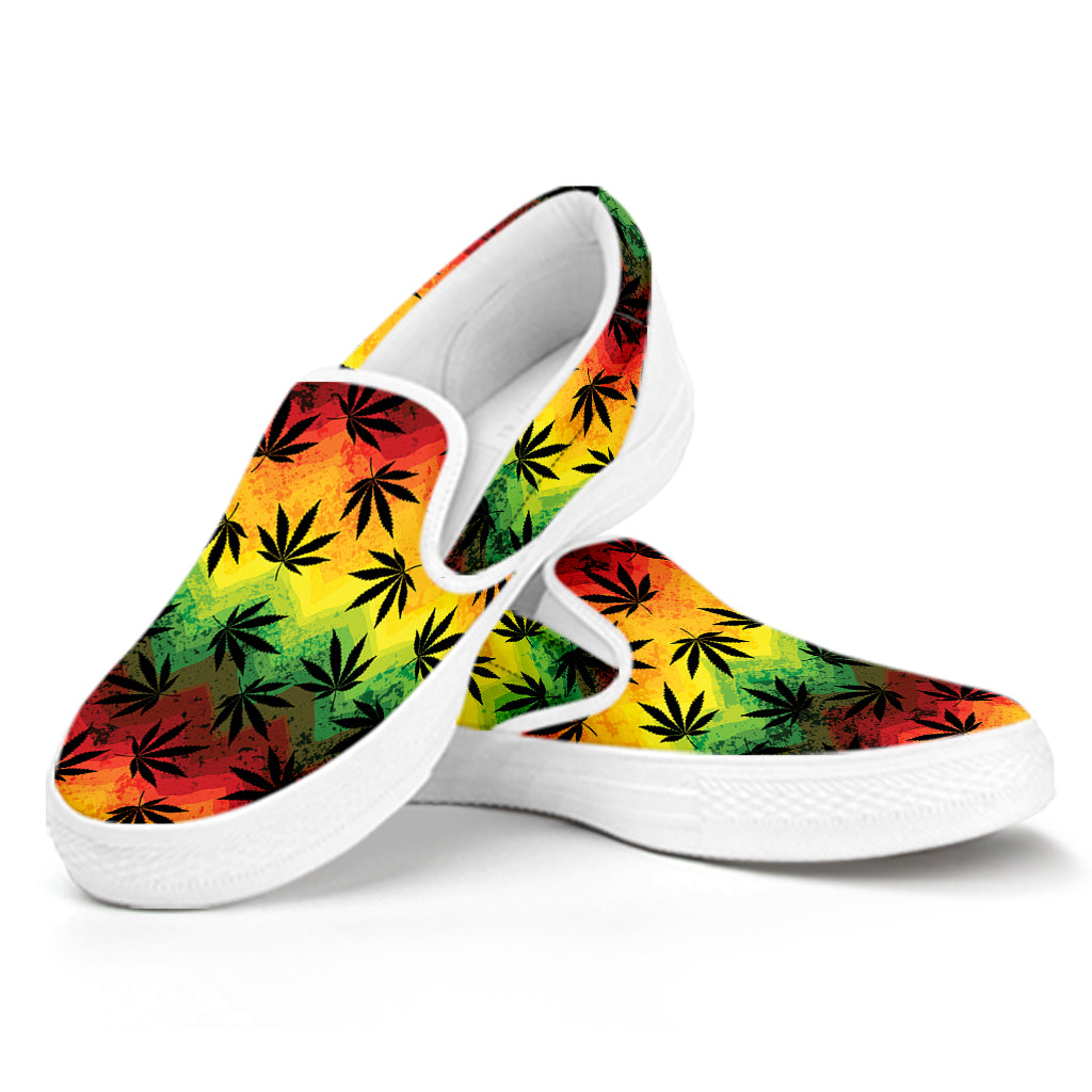 Cannabis Rasta Pattern Print White Slip On Shoes