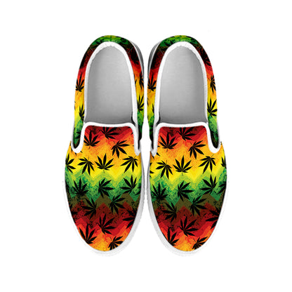 Cannabis Rasta Pattern Print White Slip On Shoes