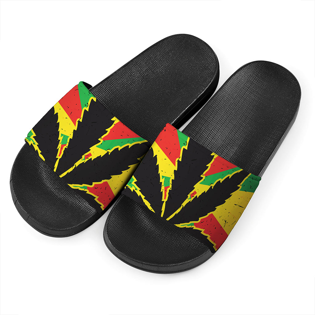 Cannabis Rasta Print Black Slide Sandals