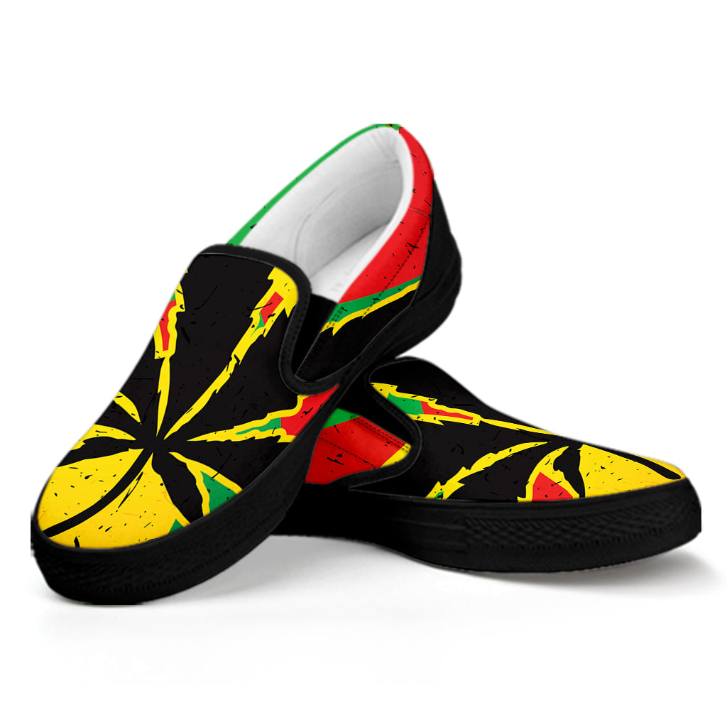 Cannabis Rasta Print Black Slip On Shoes