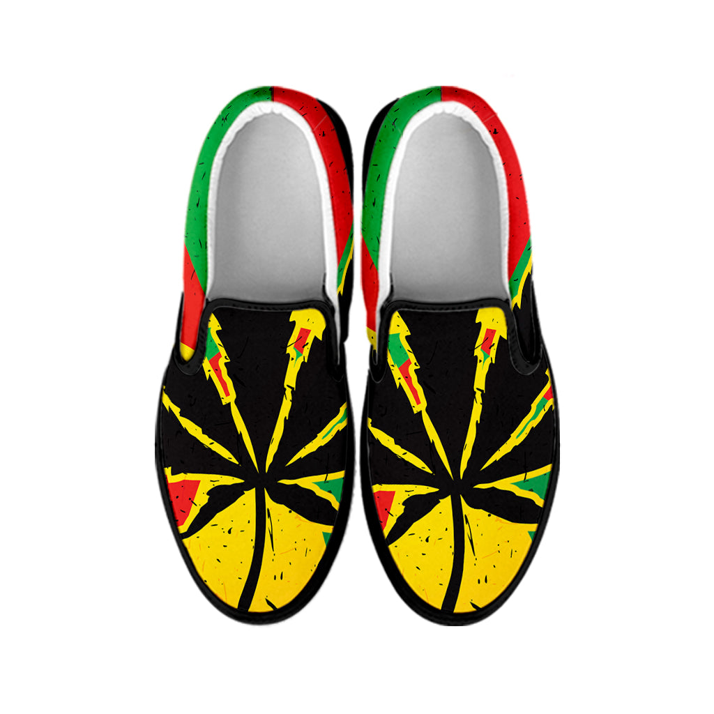 Cannabis Rasta Print Black Slip On Shoes