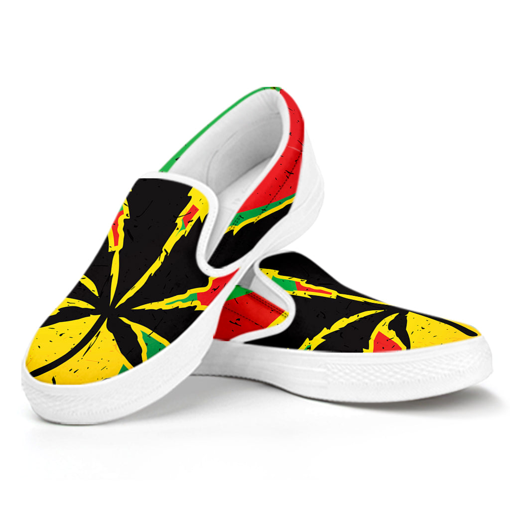 Cannabis Rasta Print White Slip On Shoes