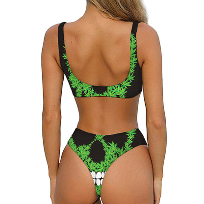 Cannabis Skull Print Front Bow Tie Bikini
