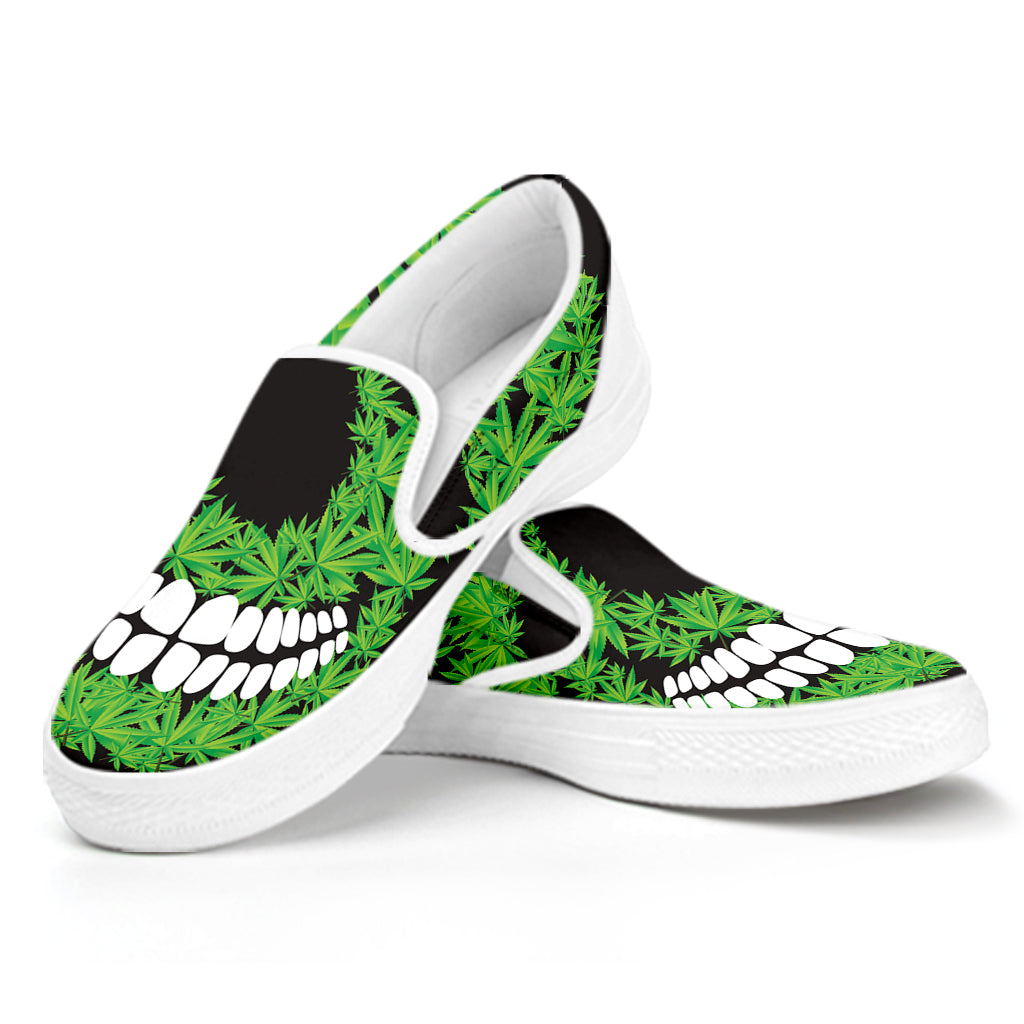 Cannabis Skull Print White Slip On Shoes