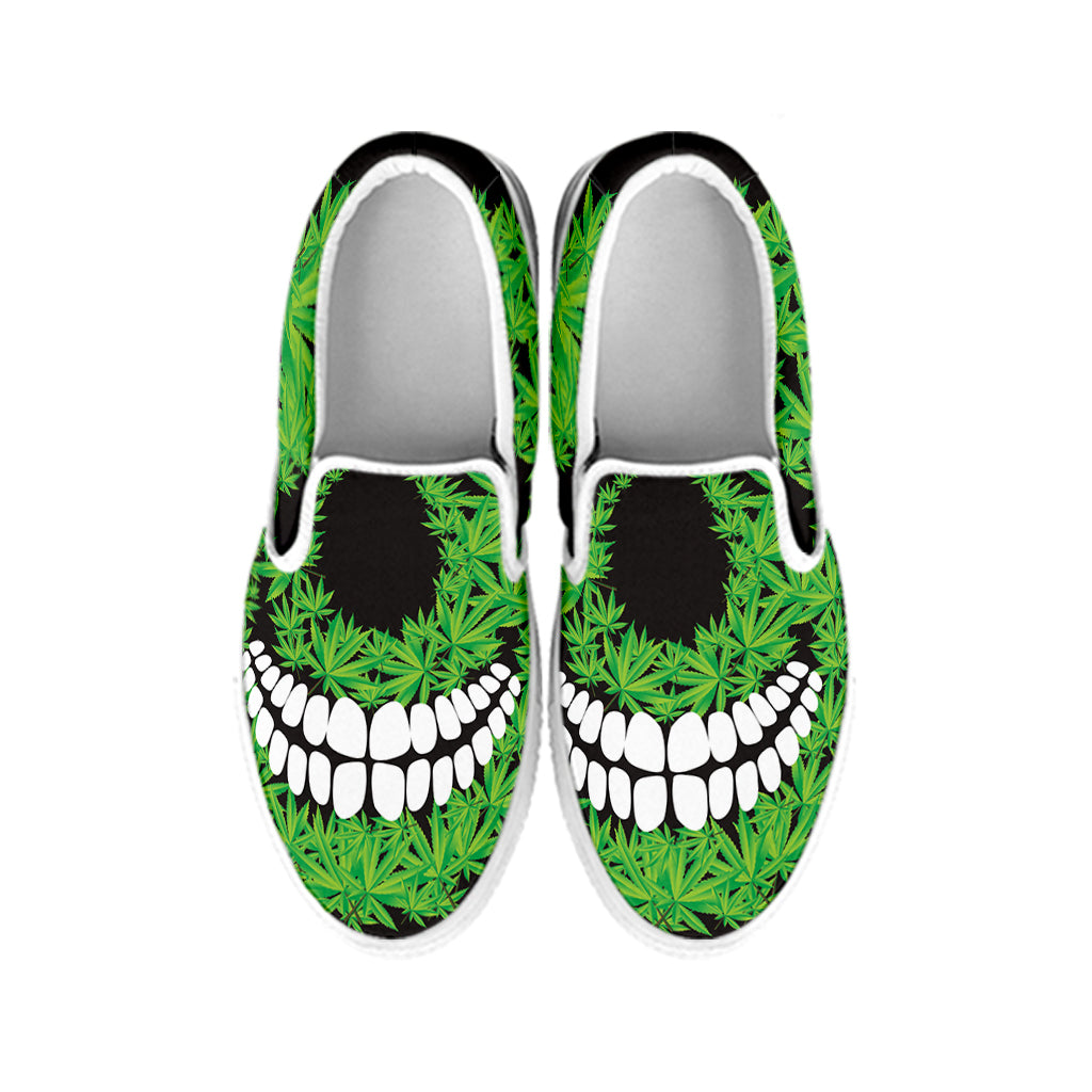 Cannabis Skull Print White Slip On Shoes