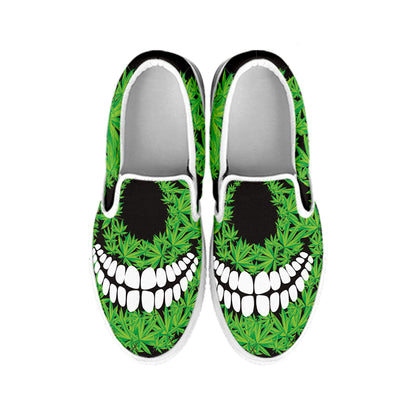 Cannabis Skull Print White Slip On Shoes
