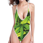 Cannabis Texture Print One Piece High Cut Swimsuit