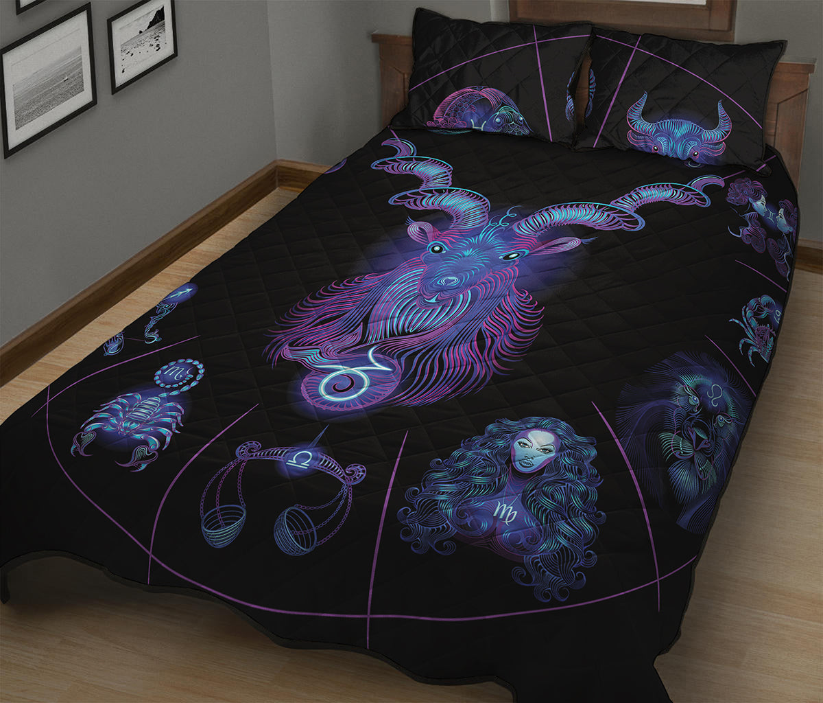 Capricorn And Astrological Signs Print Quilt Bed Set