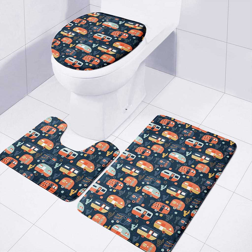 Caravan Camping Pattern Print 3 Piece Bath Mat Set