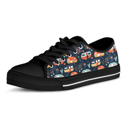 Caravan Camping Pattern Print Black Low Top Shoes