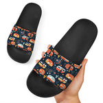 Caravan Camping Pattern Print Black Slide Sandals