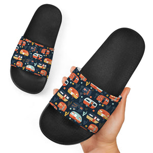 Caravan Camping Pattern Print Black Slide Sandals