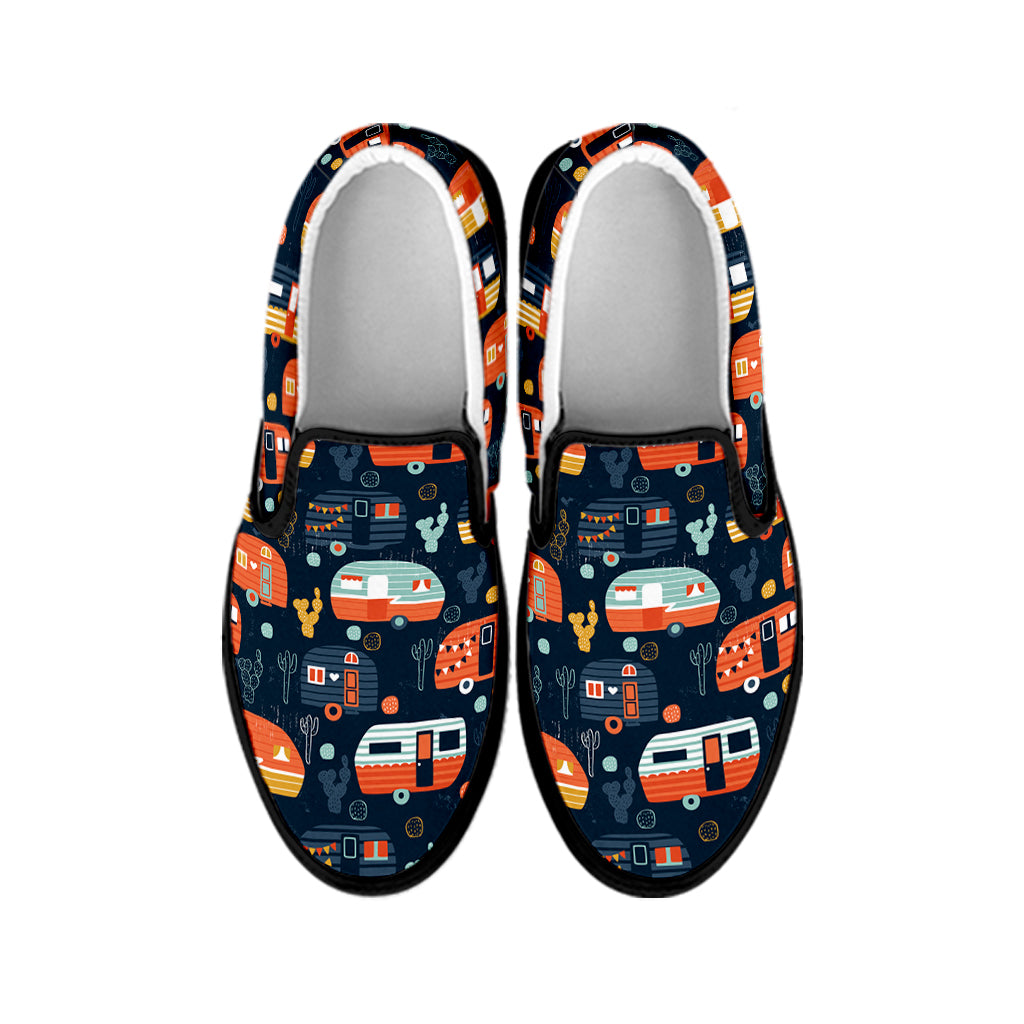 Caravan Camping Pattern Print Black Slip On Shoes