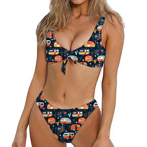 Caravan Camping Pattern Print Front Bow Tie Bikini