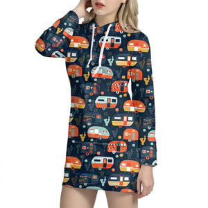 Caravan Camping Pattern Print Hoodie Dress