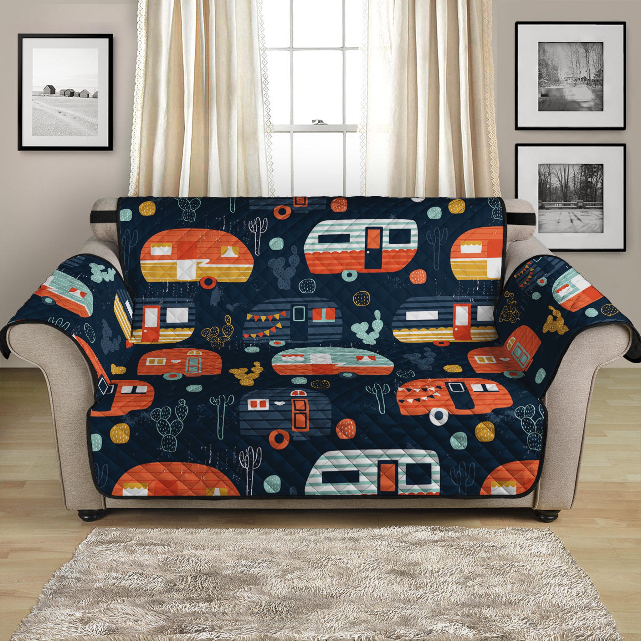 Caravan Camping Pattern Print Loveseat Protector