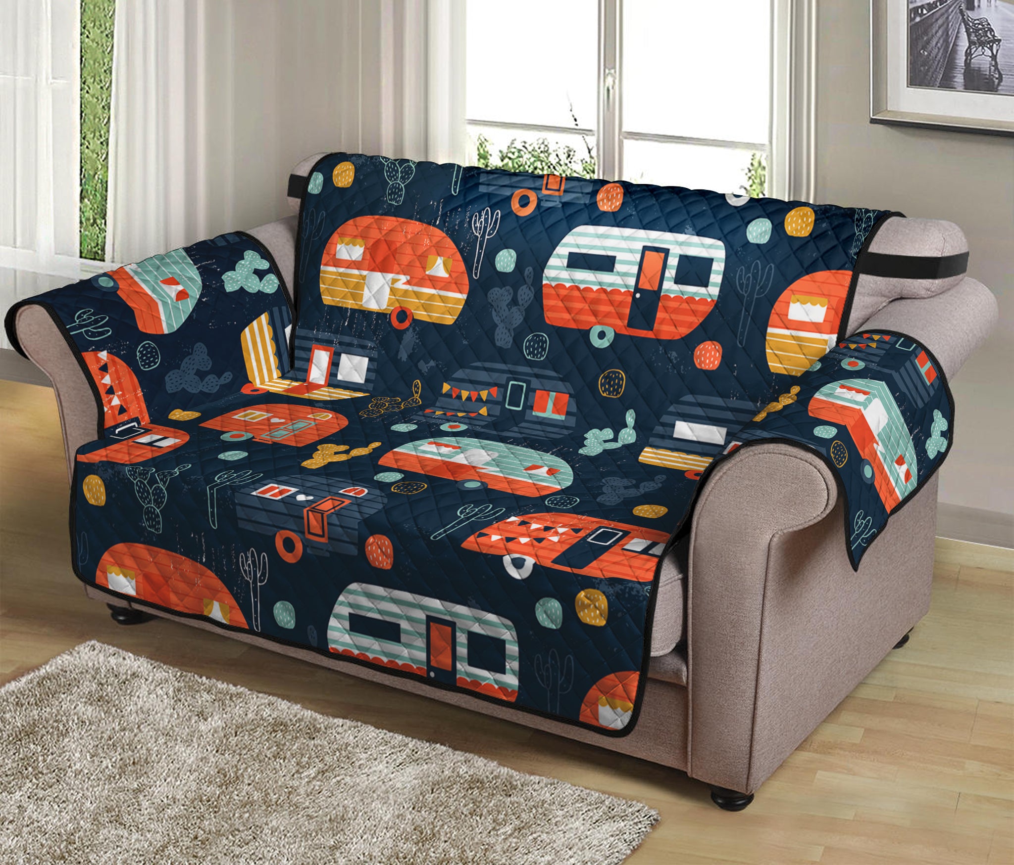 Caravan Camping Pattern Print Loveseat Protector