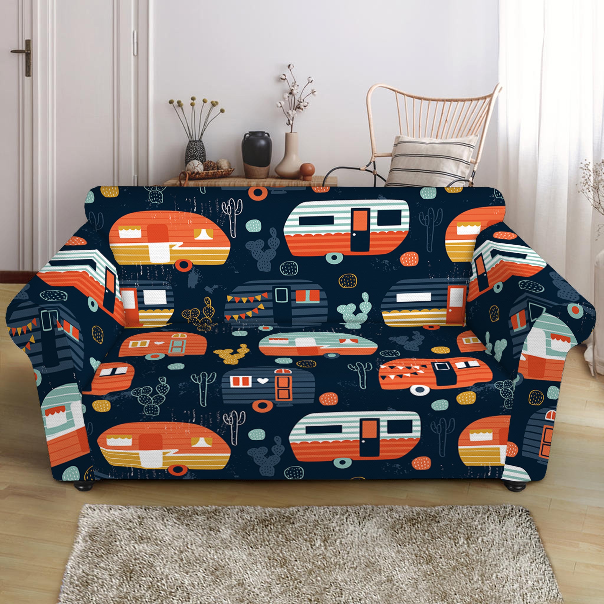 Caravan Camping Pattern Print Loveseat Slipcover