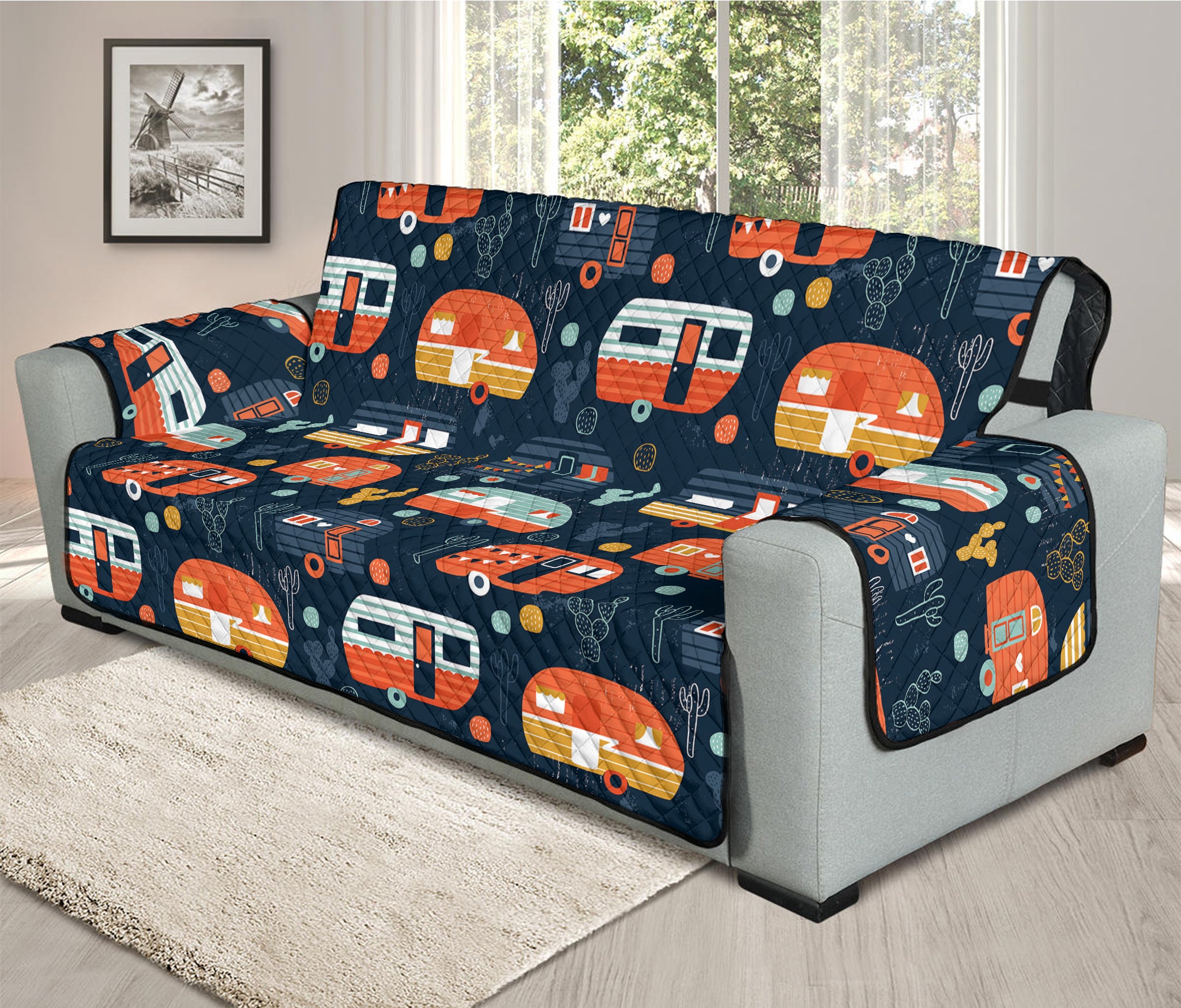 Caravan Camping Pattern Print Oversized Sofa Protector