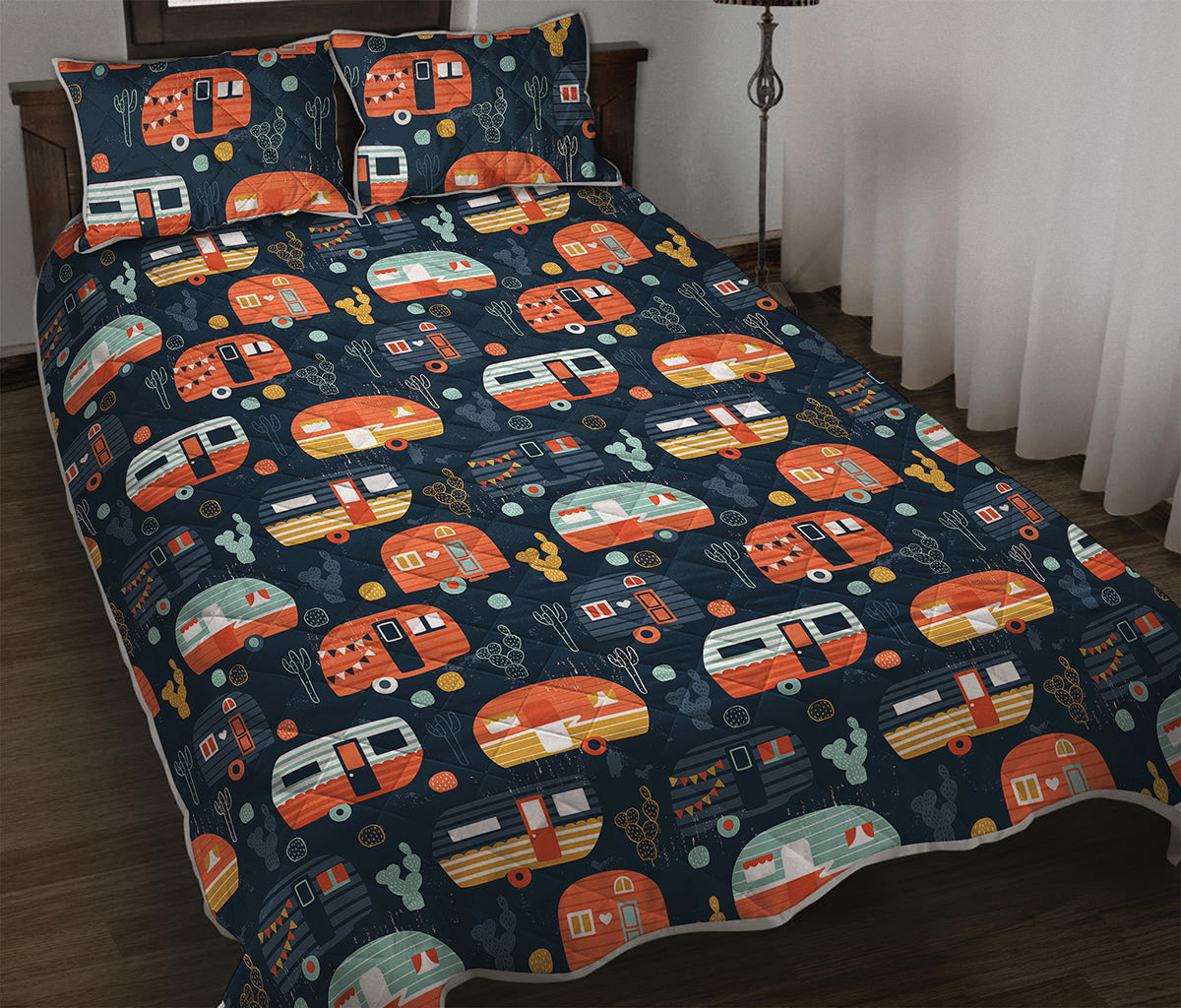 Caravan Camping Pattern Print Quilt Bed Set