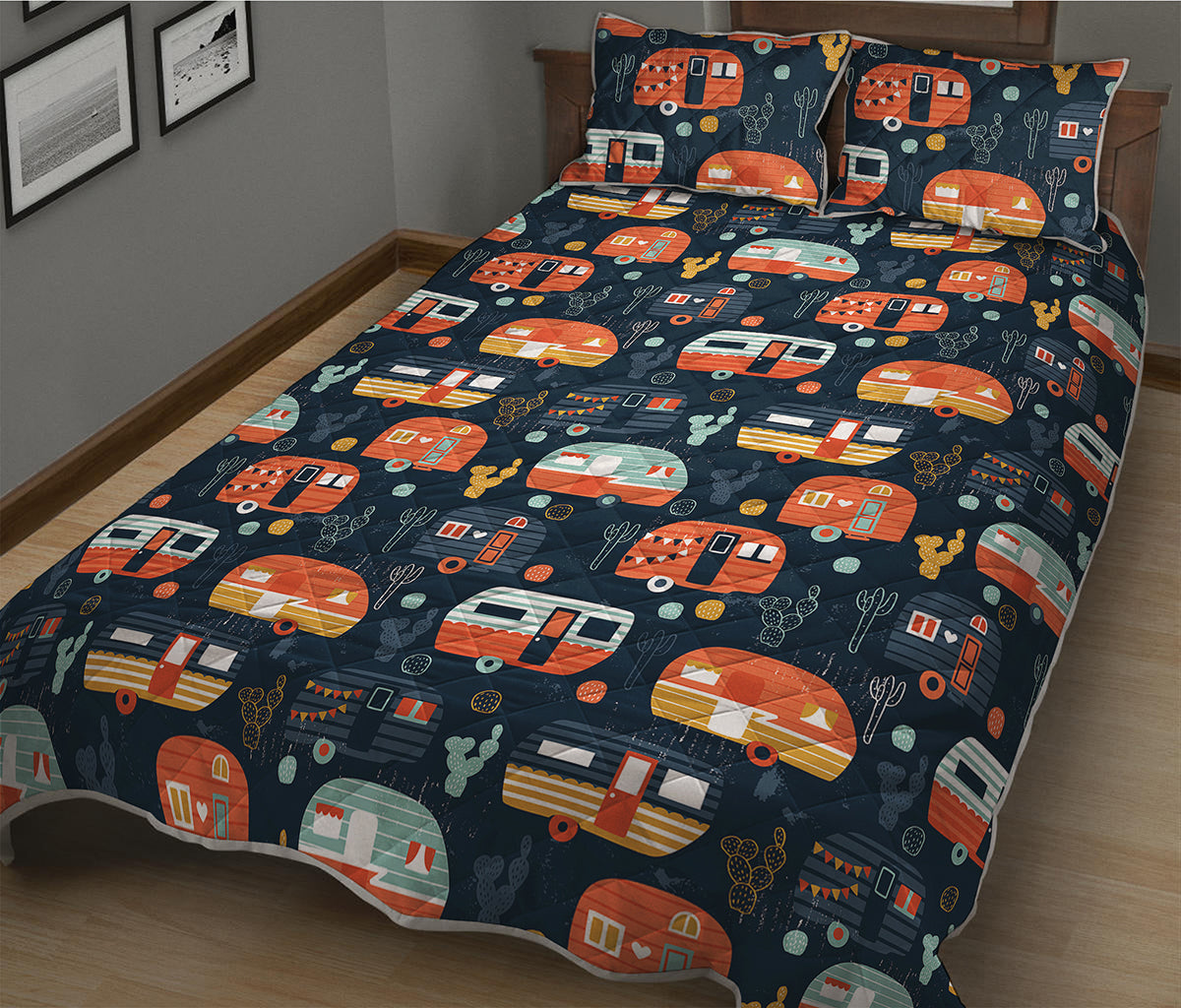 Caravan Camping Pattern Print Quilt Bed Set