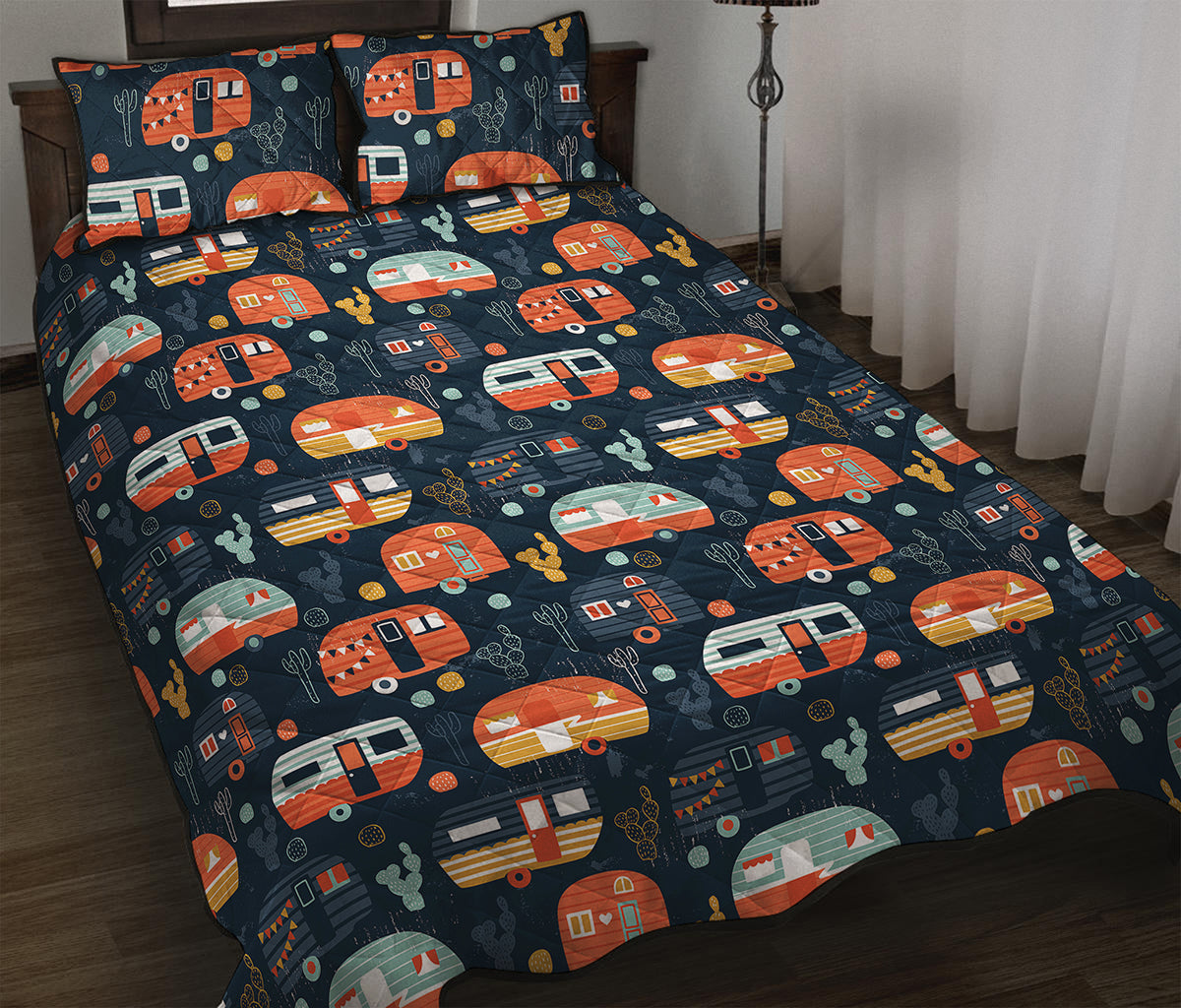 Caravan Camping Pattern Print Quilt Bed Set