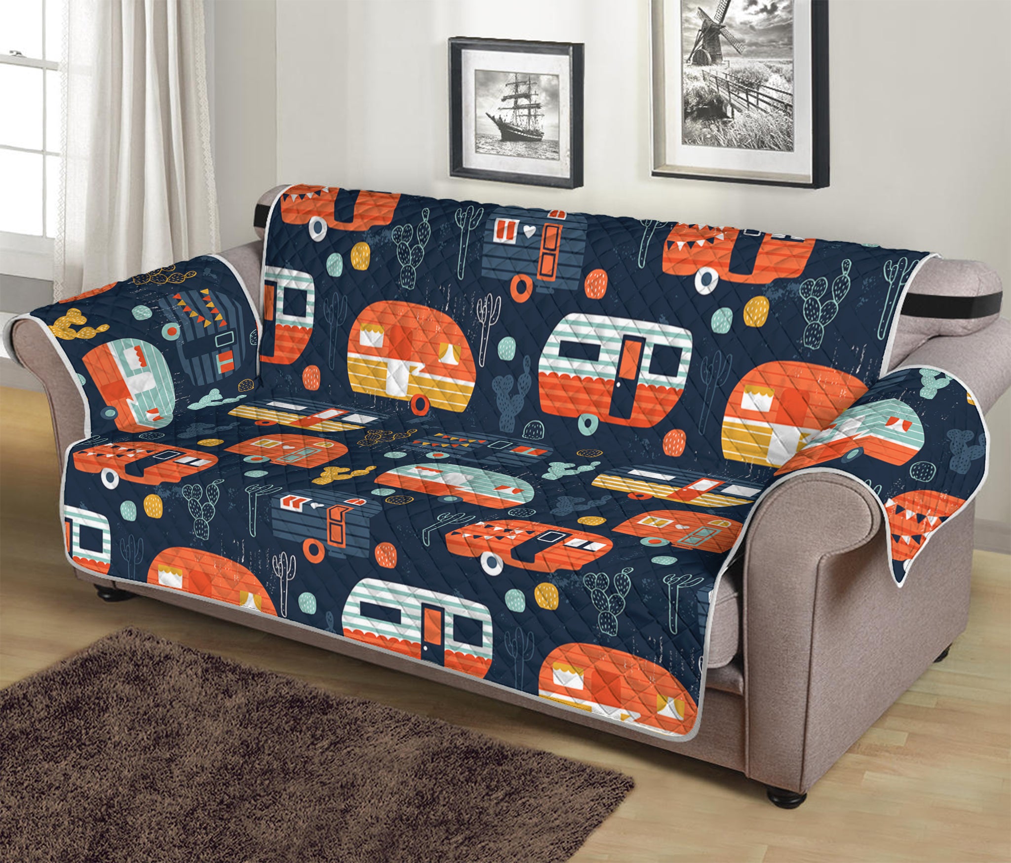 Caravan Camping Pattern Print Sofa Protector