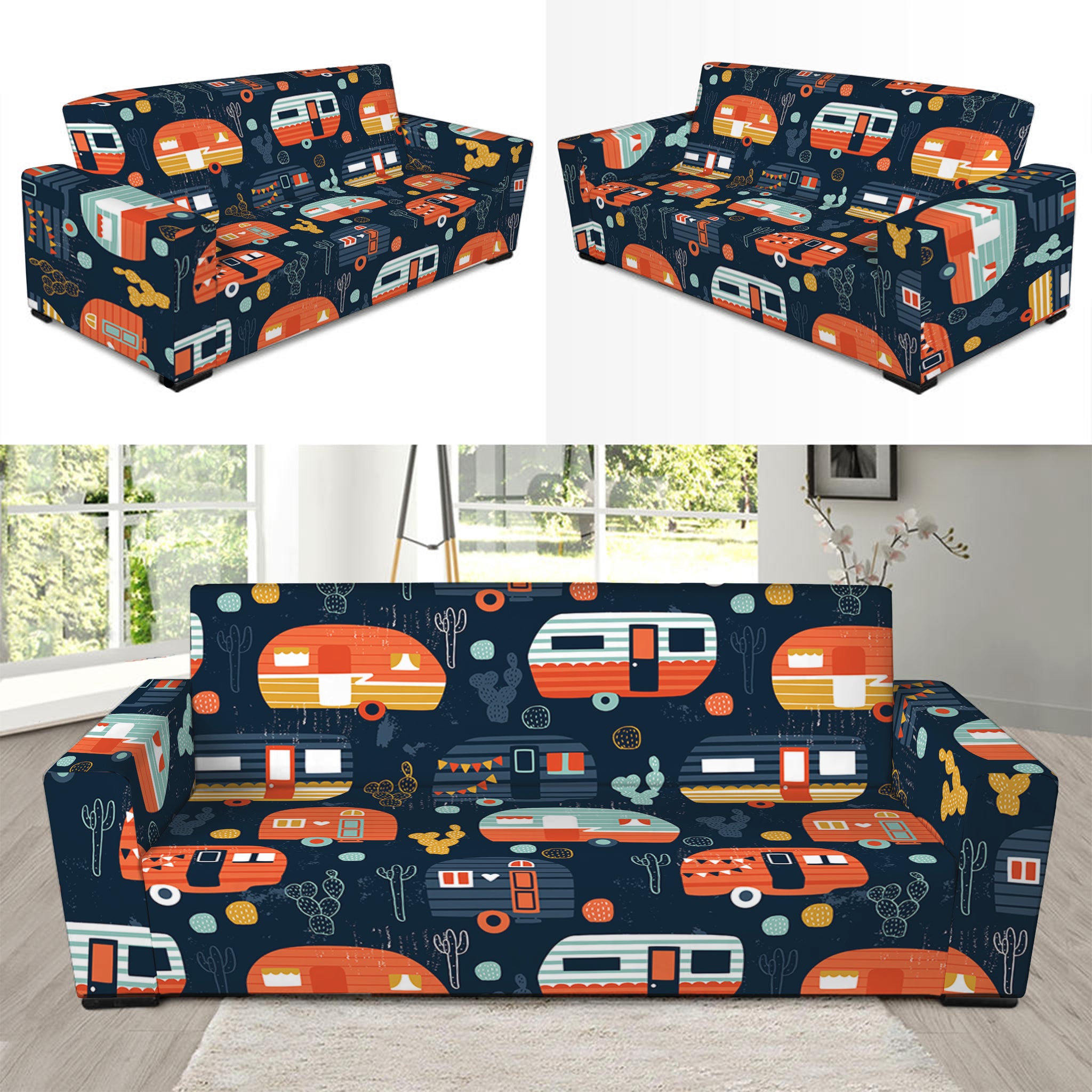 Caravan Camping Pattern Print Sofa Slipcover