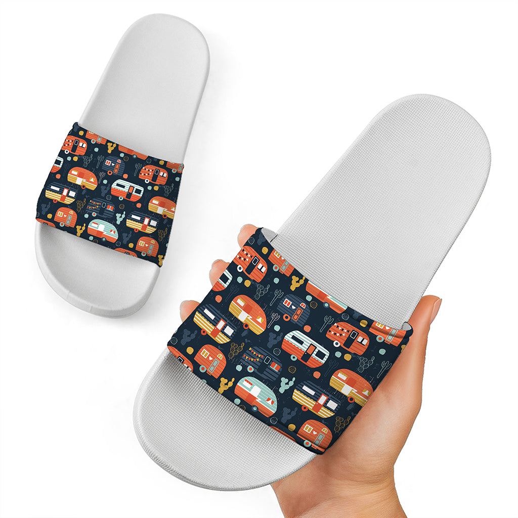 Caravan Camping Pattern Print White Slide Sandals