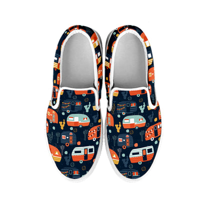 Caravan Camping Pattern Print White Slip On Shoes