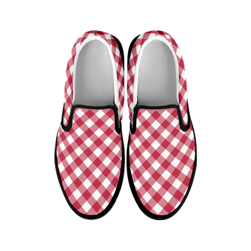 Cardinal Red And White Gingham Print Black Slip On Shoes