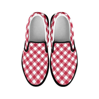 Cardinal Red And White Gingham Print Black Slip On Shoes