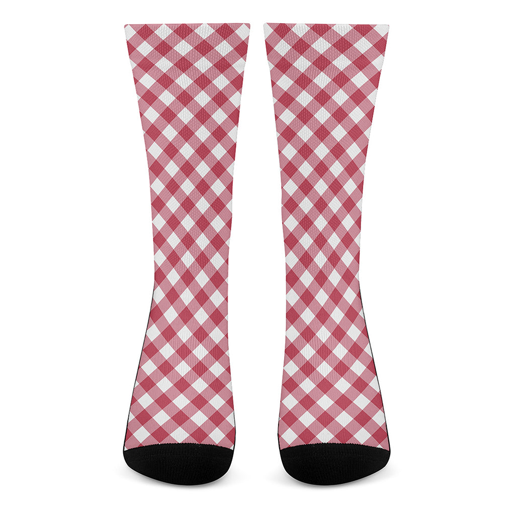 Cardinal Red And White Gingham Print Crew Socks