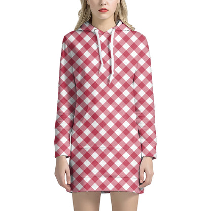 Cardinal Red And White Gingham Print Hoodie Dress