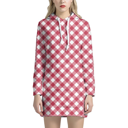 Cardinal Red And White Gingham Print Hoodie Dress
