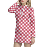 Cardinal Red And White Gingham Print Hoodie Dress