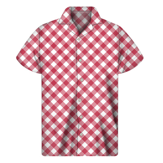 Cardinal Red And White Gingham Print Men's Short Sleeve Shirt